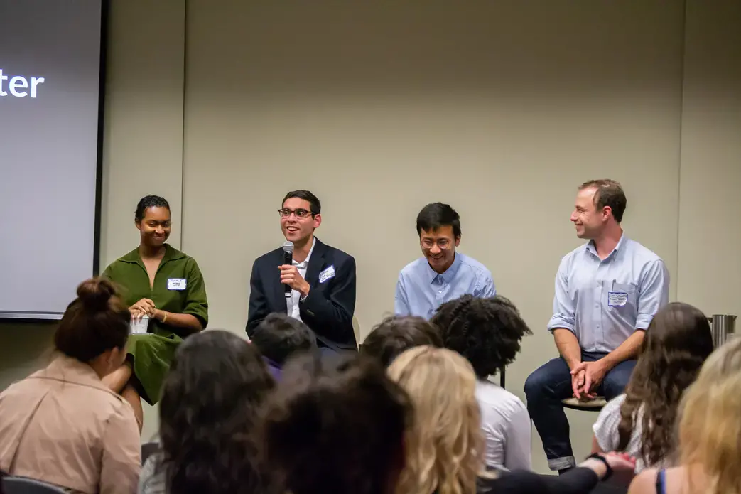 Rafael Alves de Lima (Wake Forest University) answers an audience question during the 'Cultural Identity' Q&A session on Day One of Washington Weekend. Lima is joined onstage by Autumn Harris (Spelman College), Ursus Gurung (City Colleges of Chicago), and Dan Schwartz (University of Missouri). Image by Nora Moraga-Lewy. United States, 2019.<br />