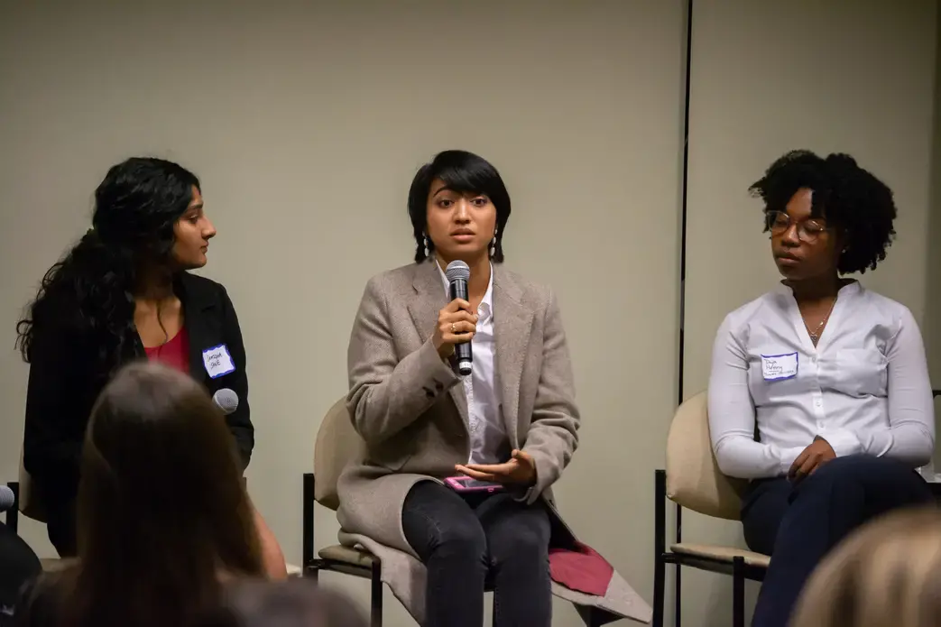Isabella Gomes (Johns Hopkins Bloomberg School of Public Health) answers an audience question about her project 'Discharged: The Missed Cases of Sex Trafficking' on Day One of Washington Weekend. Gomes is joined onstage by fellow 'Women's Health' panelists Samidha Sane (University of Pennsylvania) and Daja Henry (Howard University). Image by Nora Moraga-Lewy. United States, 2019.