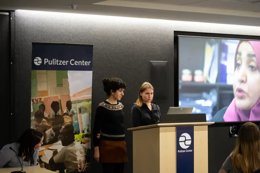 Hana Elias and Eleonore Voisard from Columbia University show an excerpt from their documentary film, 'Holding Fire: A Yemeni Activist in Brooklyn.' Image by Nora Moraga-Lewy. United States, 2019.