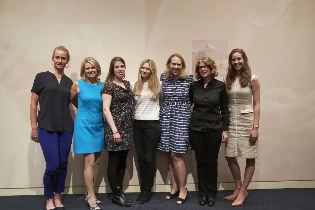 Panelists and educators gather together following a refugee reporting panel at Roosevelt House: (Left to right) Katie Wilson, Guttman Community College interdisciplinary studies instructor; Sissel McCarthy, director of the Journalism Program at Hunter College Film and Media Studies; journalists Robin Shulman and Emily Kassie; Kem Knapp Sawyer, Pulitzer Center contributing editor; journalist Jeanne Carstensen; and Lauren Shepherd, Pulitzer Center education outreach coordinator. Image by Matt Capowski. United States, 2017.