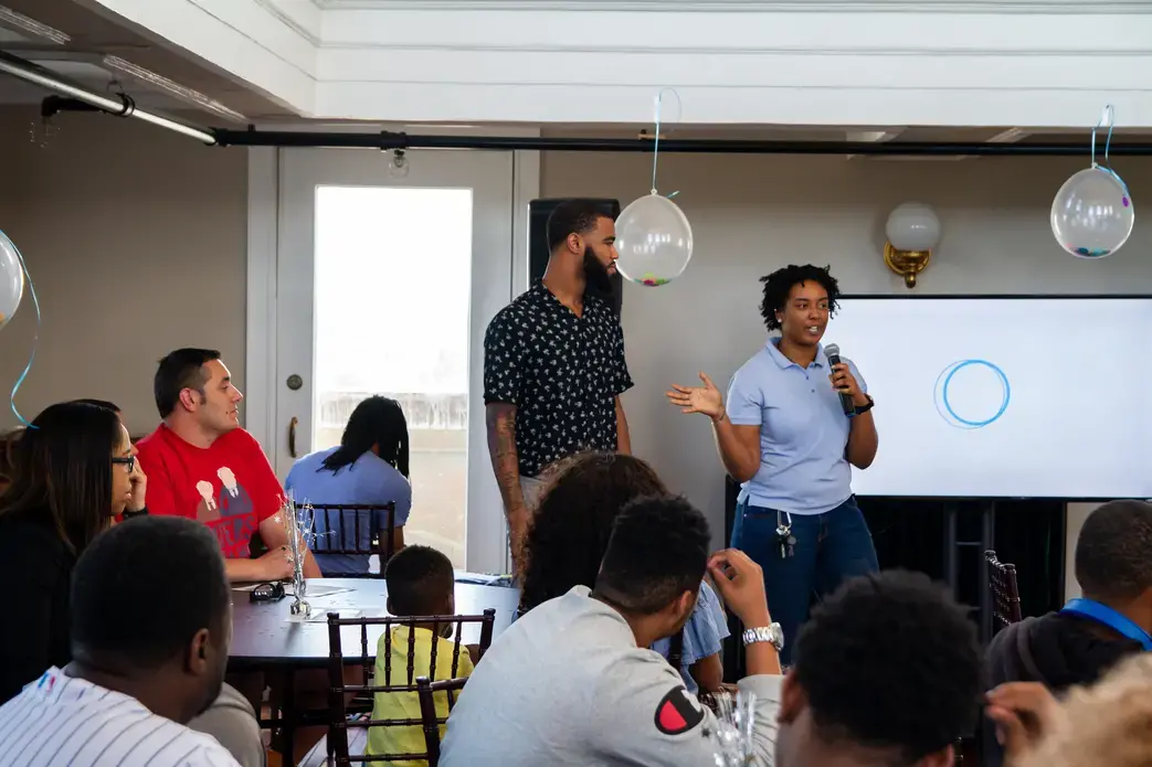 Program coordinators Terrance Patterson and Danielshé Rodgers present at the final screening to the community. Image by Claire Seaton. Uniter States, 2019.