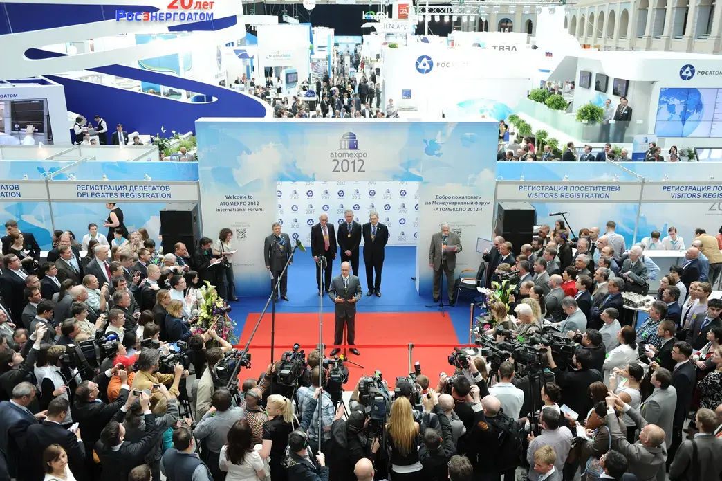 Opening ceremony of Russia's AtomExpo 2012. Leonid Bolshov stands 4th from the left behind Rosatom chief Sergey Kirienko. Image by James Hill. Russia, 2012. Media file: atomexpo.jpg