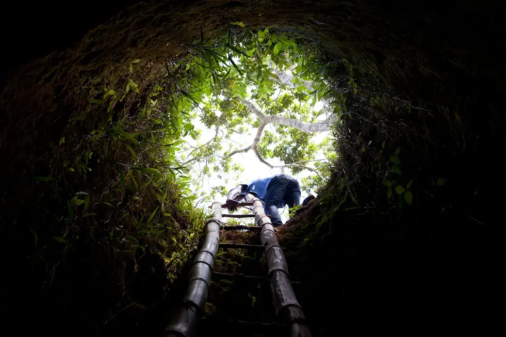 A teenage boy climbs out of a gold mine in Northern Haiti. People in this village have been digging for gold since the 1960s. With the increase in gold prices over recent years American and Canadian gold companies have a renewed interest in Haiti and are busy scouring northern Haiti for deposits. Image by Ben Depp. Haiti, 2012. Media file: bd-gold-41.jpg