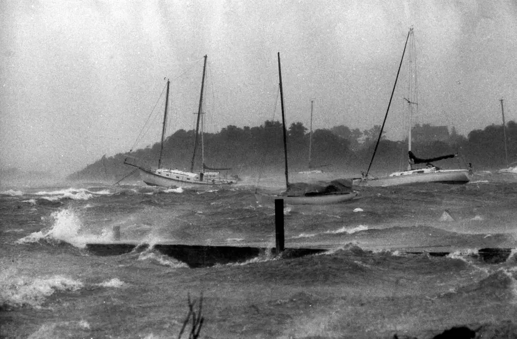1991: Boats were tossed on their moorings in Great Harbor at Woods Hole during Hurricane Bob. Image by Bill Greene. United States, 1991.