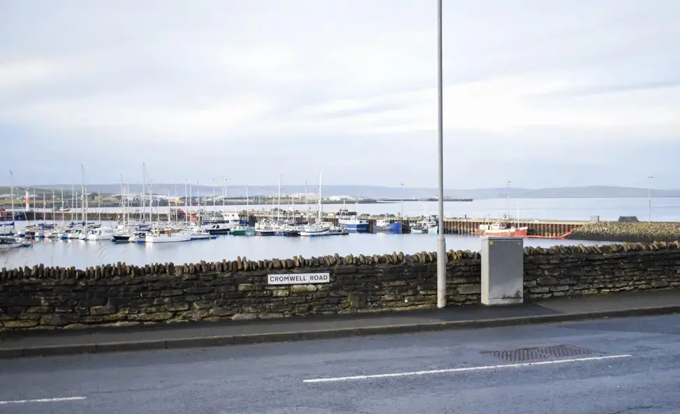 Cromwell Road, near the Kirkwall Marina. Kirkwall is one of the two main cities on the Orkney mainland. Like Stromness, the other city, Kirkwall is a harbor town. Image by Maggie More. United Kingdom, 2020.