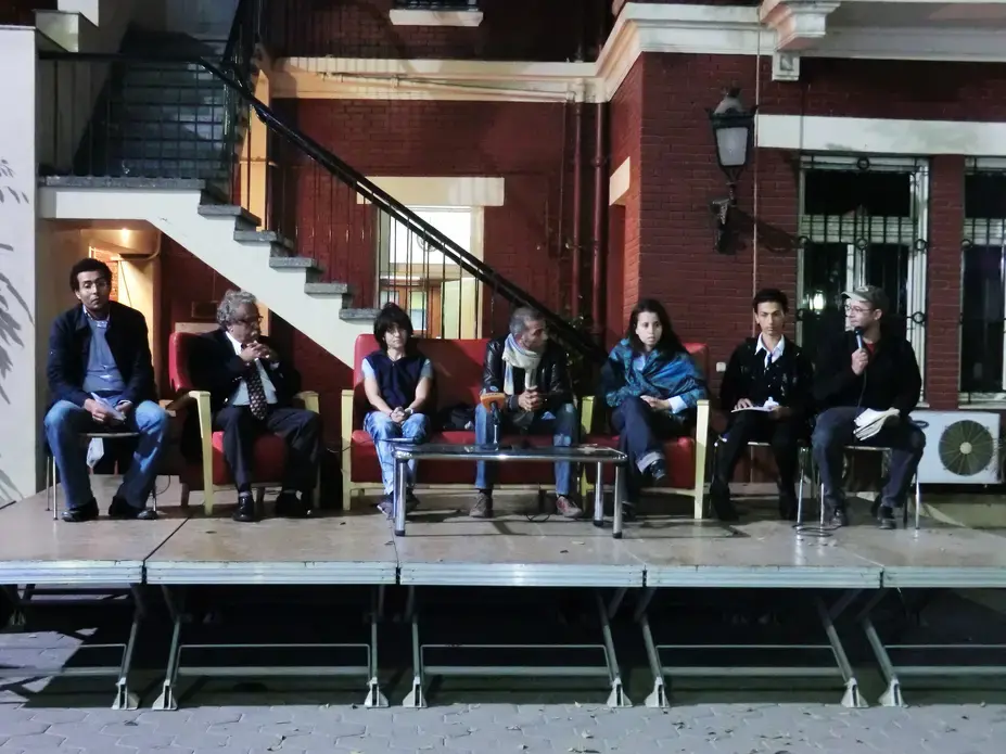Panel members on stage discussing freedom of expression and the press at the Goethe Institute in downtown Cairo. Image by Sharif Abdel Kouddous. Egypt, 2011. Media file: egyptcitizenjournalists.jpg