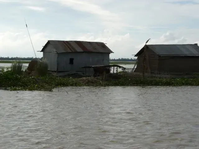 This village sits tenuously on a char, or temporary island, in the middle of the massive Jamuna River delta in northern Bangladesh. High water flows from India and the Himalayans poses a constant threat during monsoon season. Residents frequently have to suspend their beds and food from the ceilings to get above the floodwaters, often living like that for weeks. In addition to water, snakes are a problem. 1