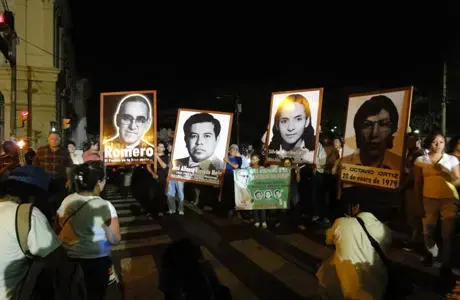 A Monseñor Romero march and vigil celebration, on the 31st anniversary of the assassination of Romero by U.S.-trained paramilitary death squad operatives. Image by Roberto Lovato, El Salvador, 2011.