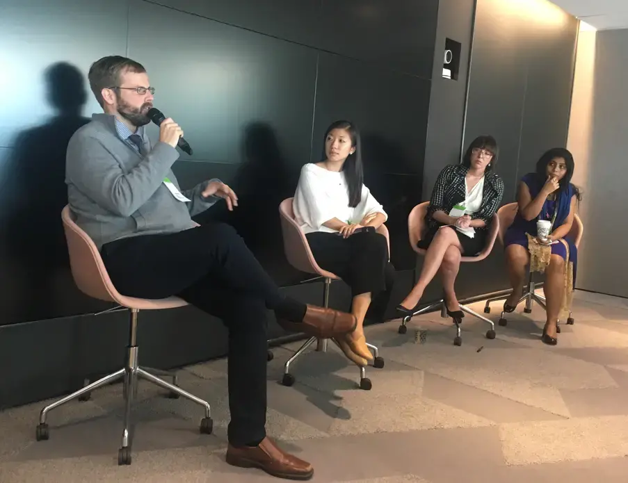 GroundTruth co-founder and executive editor Kevin Grant, Pulitzer Center grantee Alice Su, Pulitzer Center grantee Malia Politzer, and deputy leader of Bloomberg’s Oil Trading Americas team Debarati Roy on 'Pitch a Global Story.' Image by Kem Knapp Sawyer. Washington, DC, 2017.