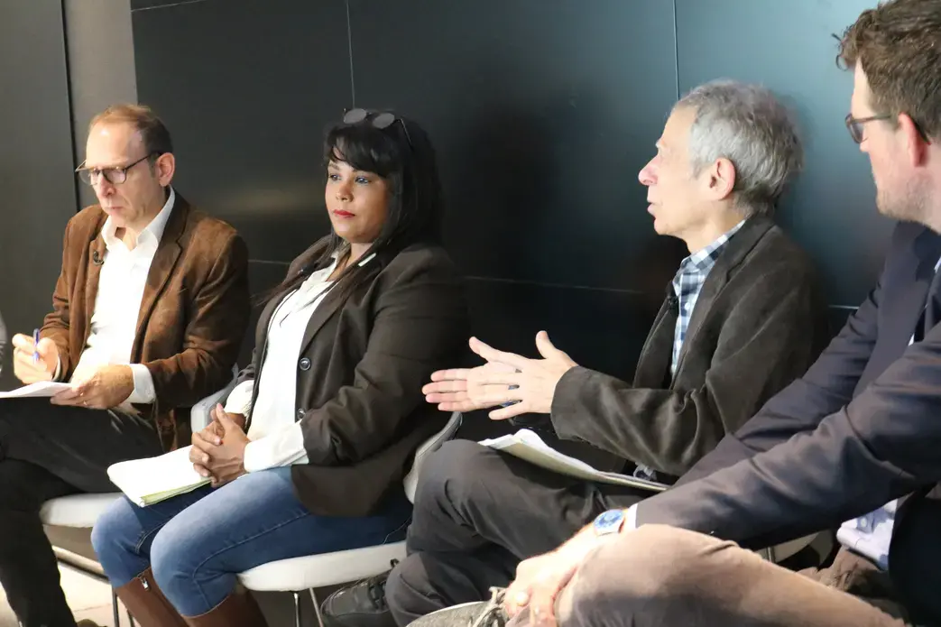 Foreign Policy Executive Editor for News, Dan Ephron, NPR Supervising Editor, Stacey Samuel, and Goats and Soda NPR editor, Marc Silver on the 'On Pitching' panel. Image by Karena Phan. United States, 2018.