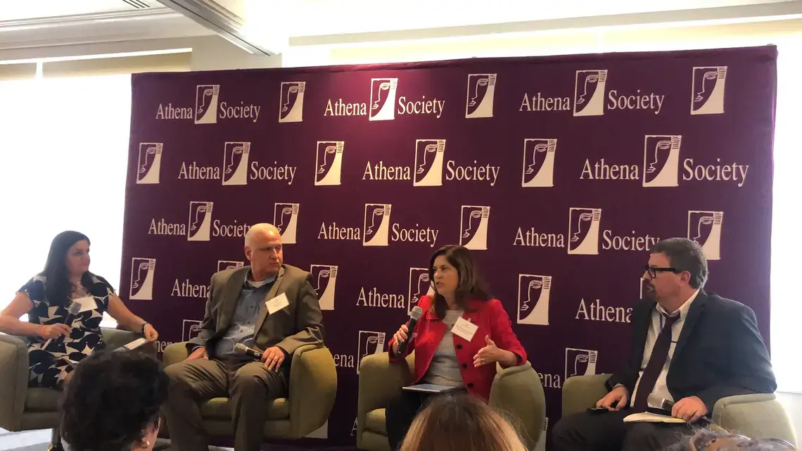 The four panelists engage in a discussion about climate change reporting in Florida. From left to right: Indira Lakshmanan, Mark Katches, Mindy Marqués González, and Bill Varian. Image by Marci Girard-Emerson. United States, 2019.