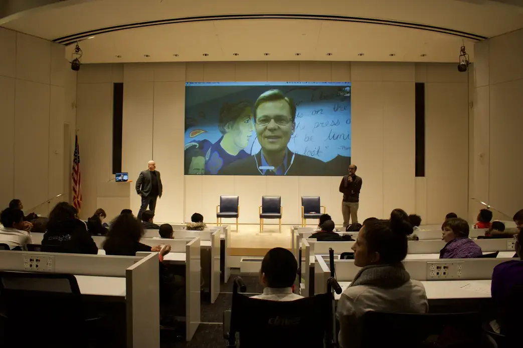 Students skyped with Pulitzer Grantee, Ian James, about his work on the film, 'Pumped Dry.' Image by Alyssa Sperrazza. United States, 2018.