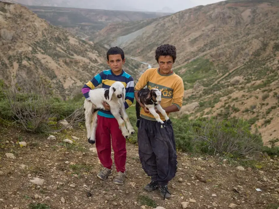 Esmaiel Karimi (left), 12, and his brother Gholamreza, 14, hold baby goats on Zard Mountain, Chahar Mahal and Bakhtiari Province, where they live in the summer. Image by Newsha Tavakolian. Iran, 2018.