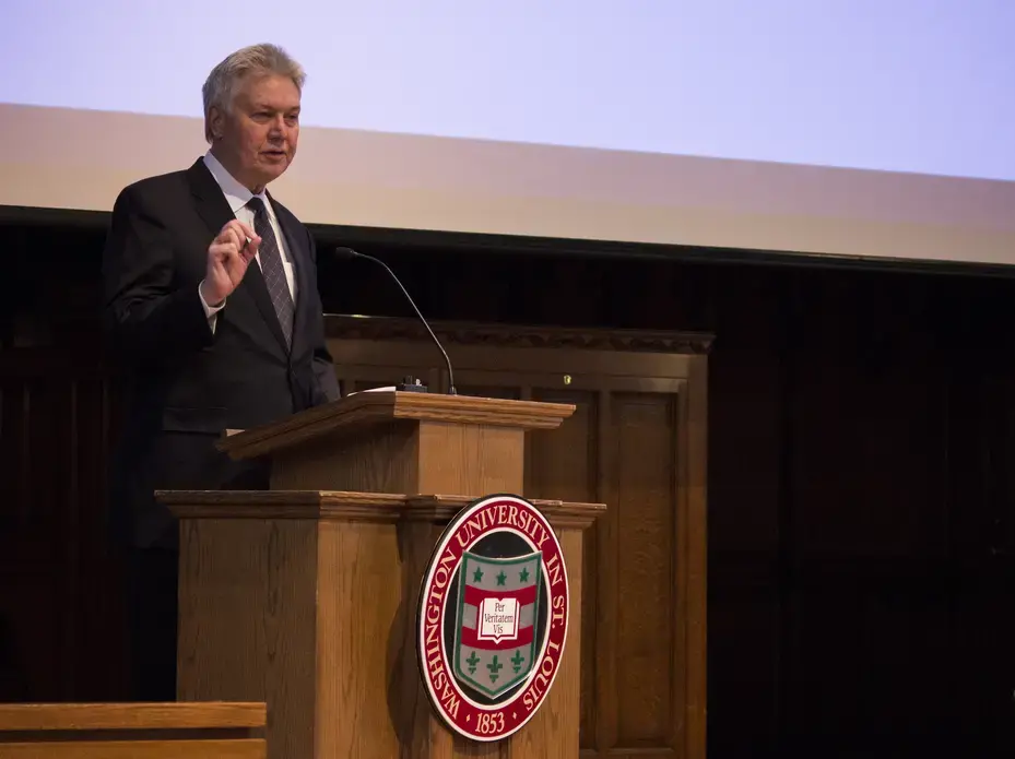 Jon Sawyer presents his opening remarks at Washington University in St. Louis at the first in a series of lectures that Madeleine Albright, Stephen Hadley will have across the country, bringing the students of the United States into conversation surrounding the Middle East Strategy Task Force executive summary. Image by Lauren Shepherd, United States, 2017.