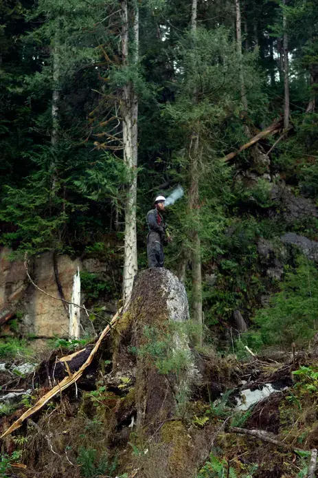 Drew Newman, wearing red suspenders, prepares at the Tuxekan logging site. Image by Joshua Cogan. United States, 2019.