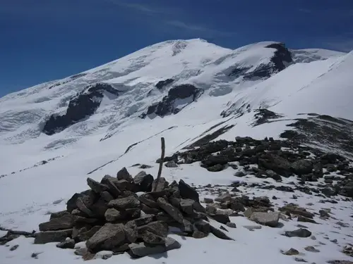 Mount Elbrus, seen from the Balkbashi pass. Image by Tom Parfitt, Russia, June 2008.
