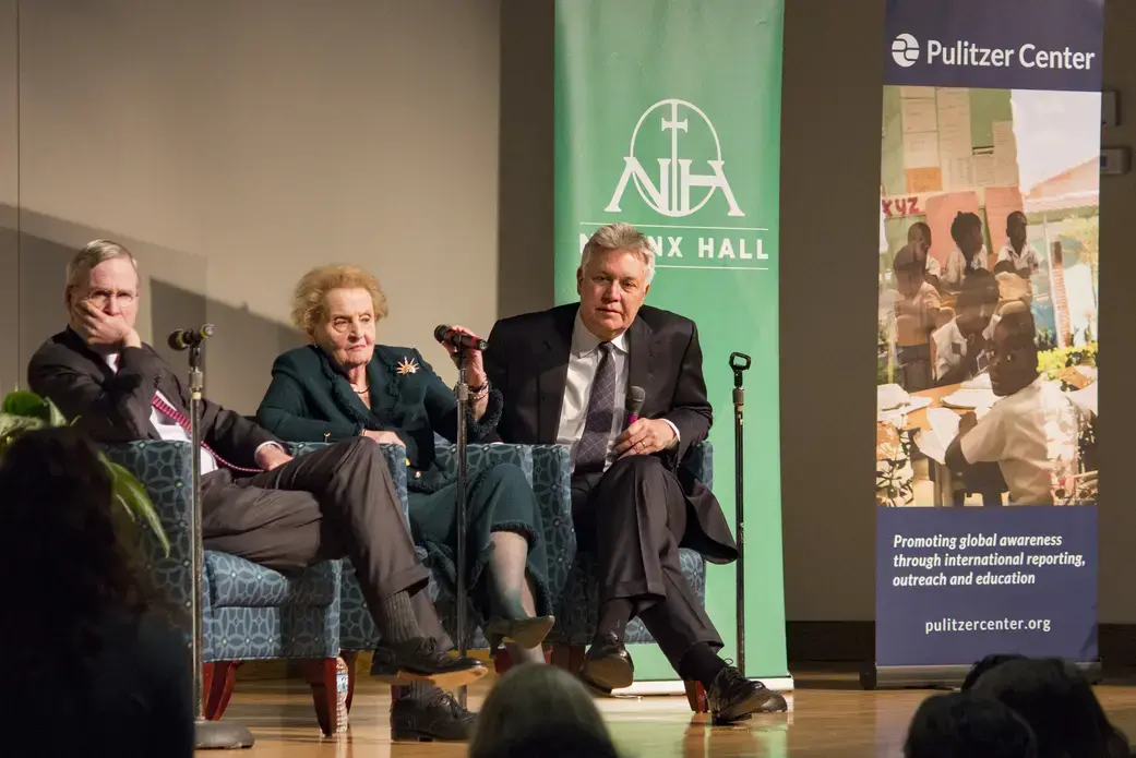 (Left to right) Stephen Hadley, Madeleine Albright and Jon Sawyer answer questions about the new Middle East Strategy at Nerinx Hall High School. Image by Lauren Shepherd, United States, 2017.