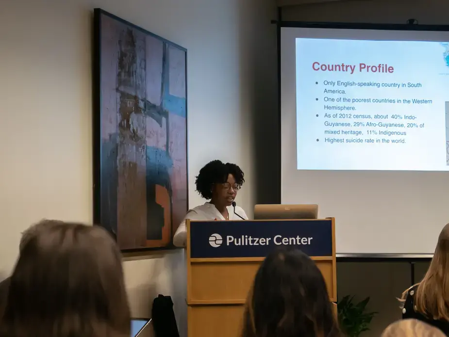 Daja Henry (Howard University) presents pre-reporting on her project 'Gender-based Violence in Guyana' during the 'Women's Health' panel on Day One of Washington Weekend. Henry will travel to Guyana this winter. Image by Meerabelle Jesuthasan. United States, 2019.<br />