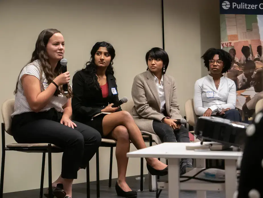 Keishi Foecke (Washington University) responds to an audience question alongside fellow 'Women's Health' panelists Samidha Sane (University of Pennsylvania), Isabella Gomes (Johns Hopkins Bloomberg School of Public Health), and Daja Henry (Howard University). Image by Meerabelle Jesuthasan. United States, 2019.