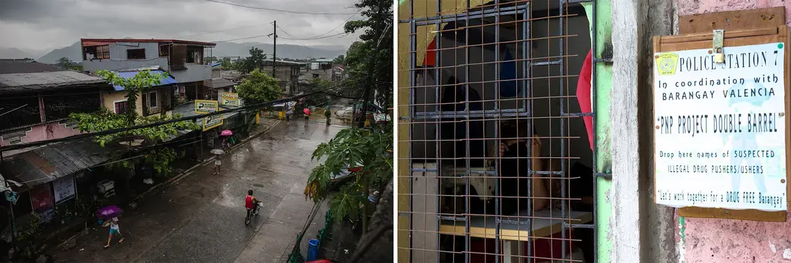 Left: A neighborhood in a poor area of Quezon City, where drug-related killings have become a frequent occurrence. Right: A drug drop box encouraging local residents to submit the names of suspected drug dealers and users in an affluent area of Quezon City. Image by Pat Nabong. Philippines, 2017.