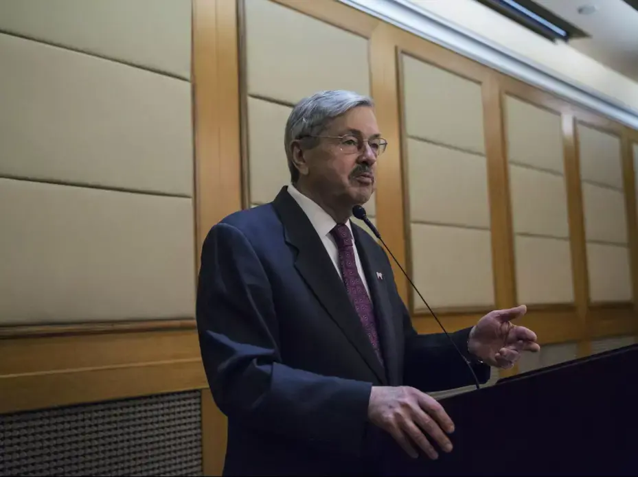 Terry Branstad, U.S. ambassador to China, gives a short speech during an Iowa Sister States reception on Wednesday, Sept. 20, 2017, in Beijing, China. Image by Kelsey Kremer. China, 2017. 