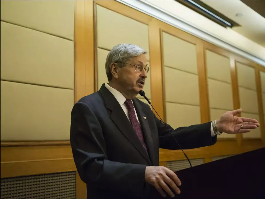 Terry Branstad, U.S. ambassador to China gives a short speech during an Iowa Sister States reception on Wednesday, Sept. 20, 2017, in Beijing, China. Image by Kelsey Kremer. China, 2017. 