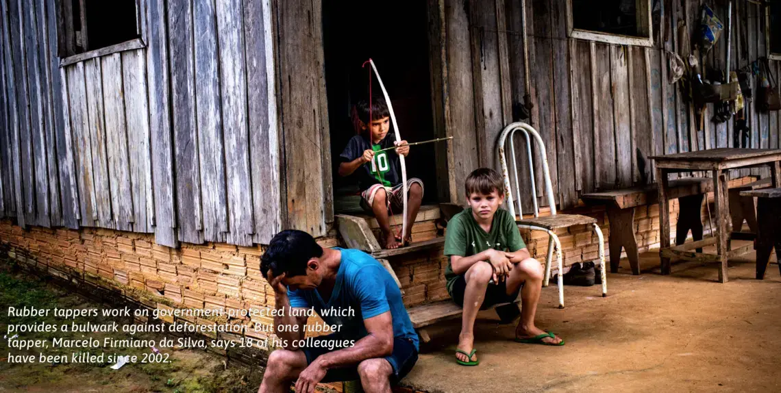 Rubber tappers work on government-protected land, which provides a bulwark against deforestation. But one rubber tapper, Marcelo Firmiano da Silva, says 18 of his colleagues have been killed since 2002. Image by Sebastián Liste. Brazil, 2019.