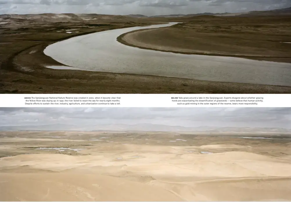 Above: The Sanjiangyuan National Nature Reserve was created in 2000, when it became clear that the Yellow River was drying up: in 1997, the river failed to reach the sea for nearly eight months. Despite efforts to sustain the river, industry, agriculture, and urbanization continue to take a toll. Images by Ian Teh. China, 2019.<br />
