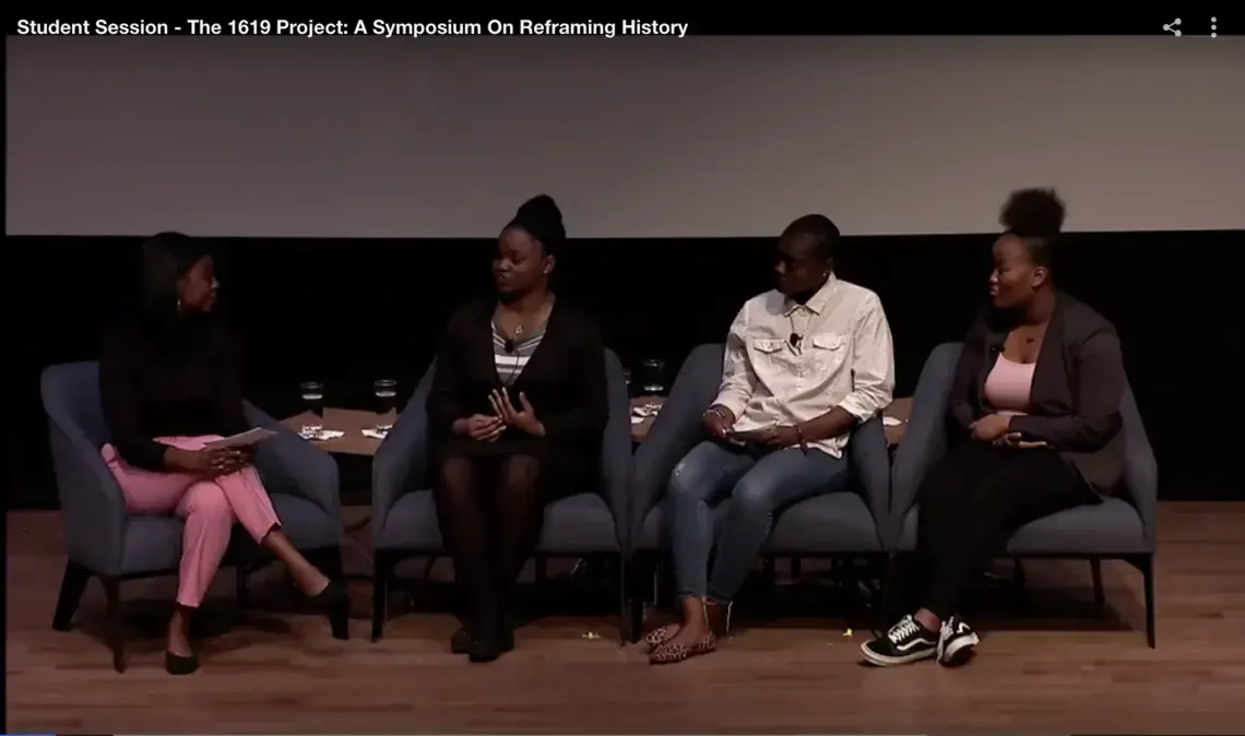 Screenshot of New York Times Associate Editor Jazmine Hughes interviews students as part of a panel at the National Museum of African American History and Culture on October 30, 2019