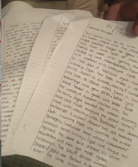 Image of student's responses to Khalil Gibran Muhammad's essay on the history of sugar cultivation in the United States from The 1619 Project