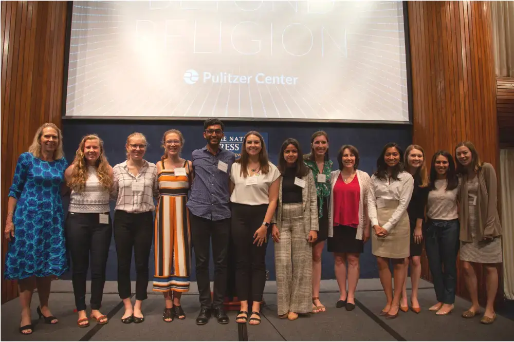 From left to right: Contributing Editor Kem Sawyer, Yale School of Forestry and Environmental Studies Student Fellow Emma Johnson, Yale University Beyond Religion Student Fellow Lily Moore-Eissenberg, Davidson Beyond Religion Student Fellow Catherine Cartier, University of Chicago Beyond Religion Student Fellow Nikhil Mandalaparthy, College of William & Mary Student Fellow alum Julia Canney, Boston University School of Public Health Student Fellow Pallavi Puri, Wake Forest University Student Fellow alum Kiley Price, University and Community Outreach Director Ann Peters, Johns Hopkins Bloomberg School of Public Health Student Fellow Isabella Gomes, Outreach Coordinator Holly Piepenburg, American University Student Fellow alum Julia Boccagno, and University of Chicago Student Fellow alum Sydney Combs. Missing: American University Student Fellow alum Camila DeChalus, Columbia University School of Journalism Student Fellow Yuhong Pang. Image by Jin Ding. United States, 2019.