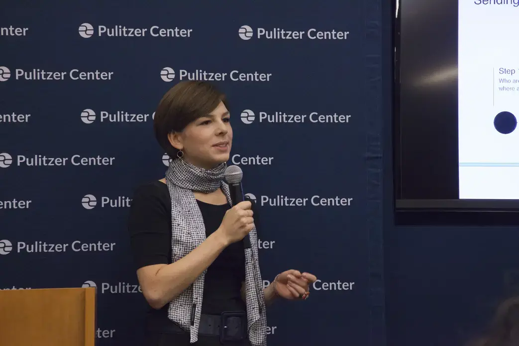 Amy Russo from Hunter College reports on child refugees in Sweden. Image by Jin Ding. Washington, DC, 2017.