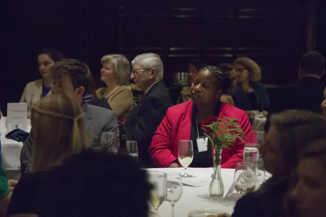 Boston University student fellow Campbell Rawlins, Boston University professor Anne Donohue, Pulitzer Center senior advisor Marvin Kalb, capital campaign director Joan Woods, and office manager Joan Woods. Image by Jin Ding. Washington, DC, 2017.