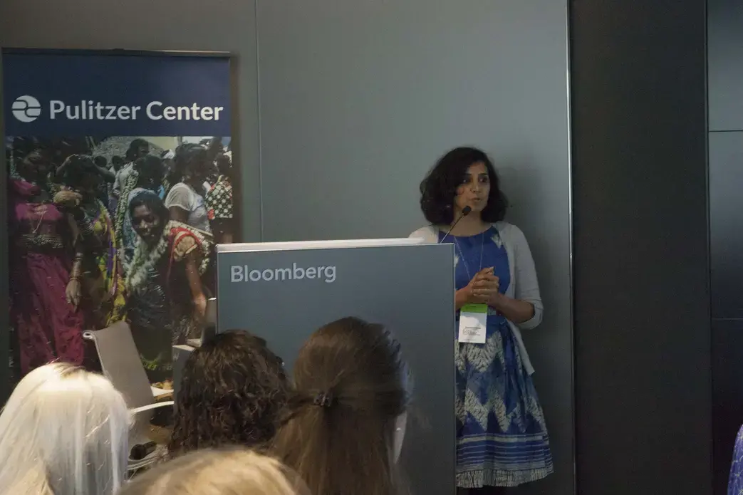 Elham Shabahat from the Yale Program on Climate Change Communication discusses her project 'Rwanda: Climate Change and Mountain Gorillas.' Image by Jin Ding. Washington, DC, 2017.