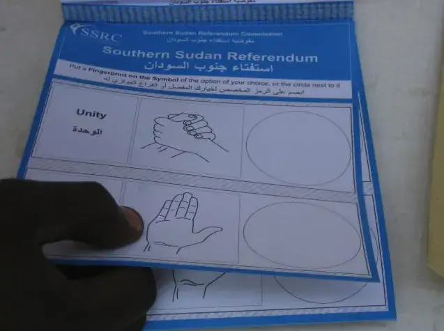 A Sudanese voting ballot. Image by Rebecca Hamilton. Sudan, 2011. This image first appeared in the Washington Post article, "For Southern Sudan, a Historic Vote for Independence" Jan. 9, 2011. Media file: sudan-referendum-ballot_9322_9596.jpg