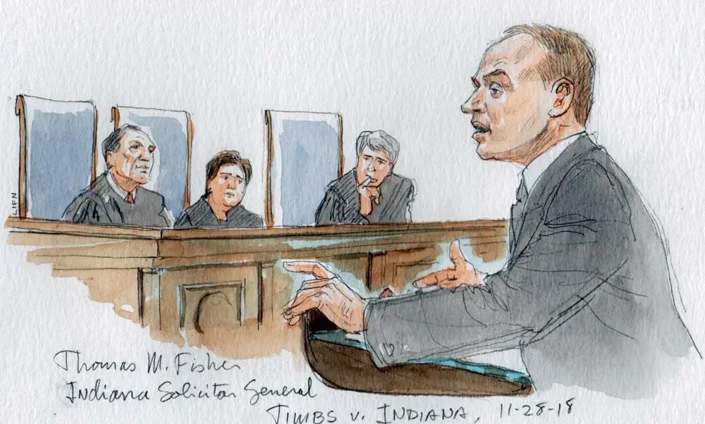 The Solicitor General of Indiana, Thomas Fisher, argues before the United States Supreme Court in the case of Timbs v. Indiana.  Image by Andrew Hamm/SCOTUSblog. United States, 2018.