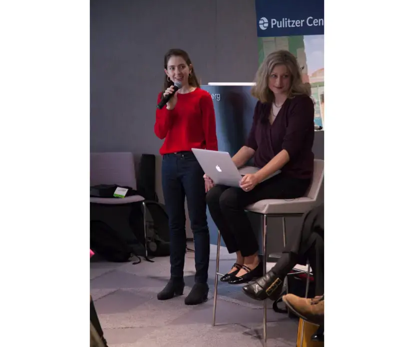 Pulitzer Center Associate Editor, Katherine Doyle, introduces 'On Pitching' panelists of editors and freelancers who provided guidance to student fellows on navigating the pitching process. Image by Jin Ding. United States, 2018.