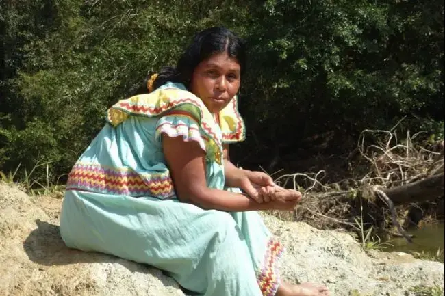 A woman from the Ngobe village of Nueva Lucha, one of several communities threatened by Canadian mining companies. The Ngobe are an indigenous people native to Panama. Image by Lynn Burgess. Panama, 2012. Media file: woman_from_nueva_lucha.jpg
