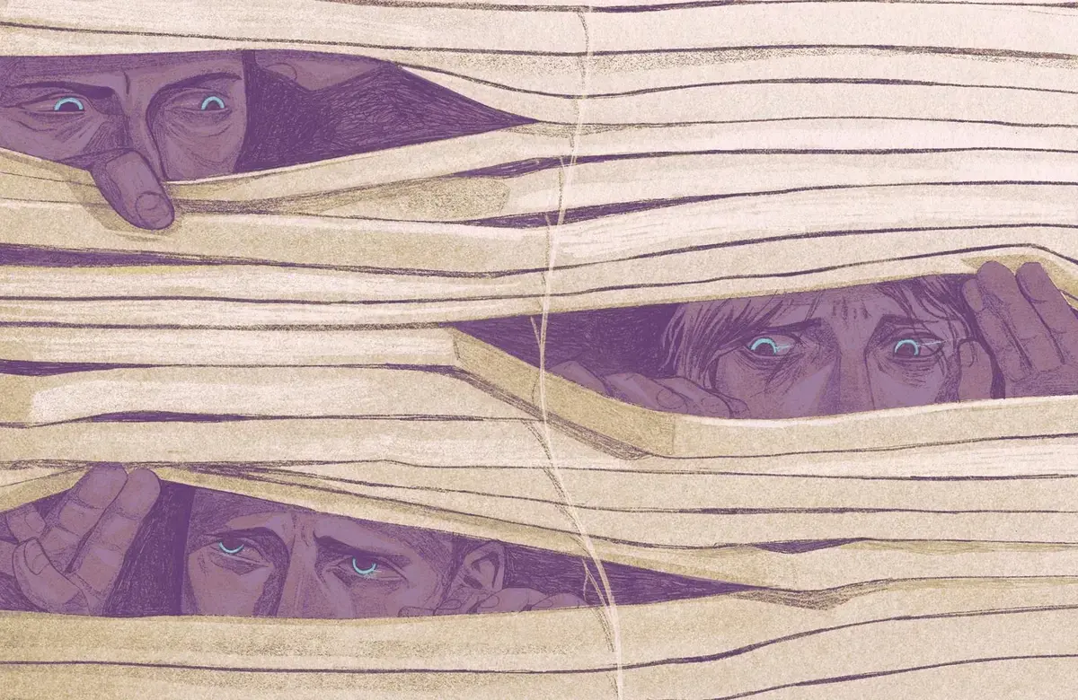 illustration of neighbors peering through blinds, afraid