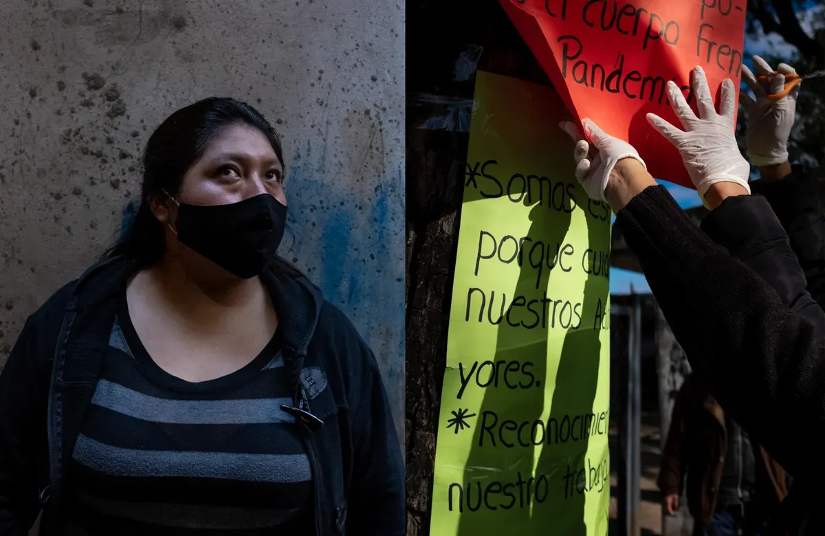 a diptych of a a woman wearing a face mask against a wall next to an image of protest signs and hands wearing medical gloves
