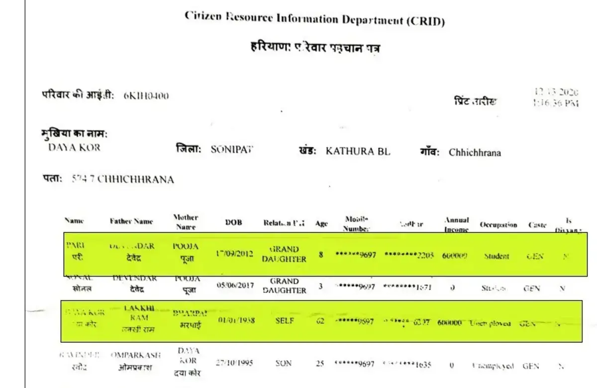 An Indian government form 