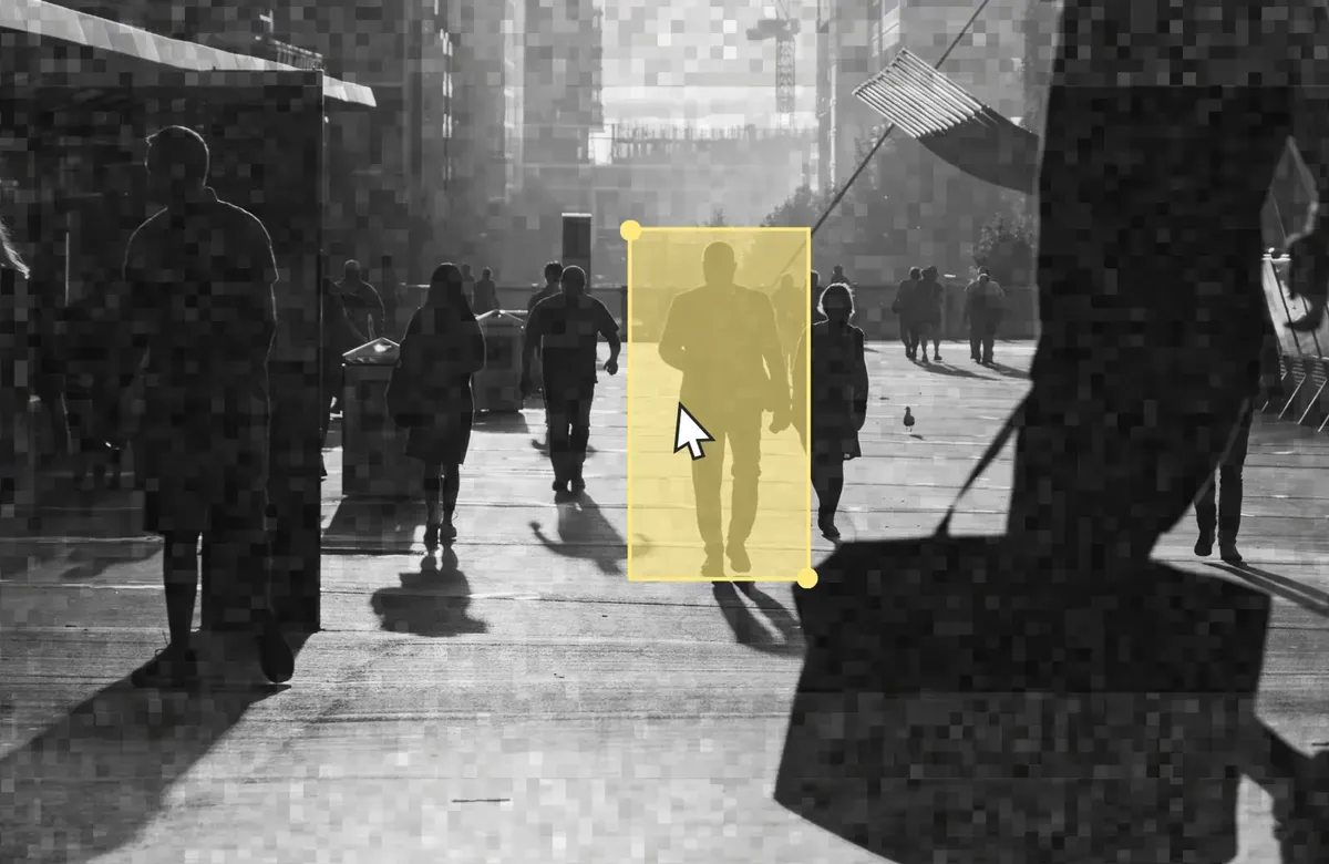 an illustration of people walking on a security camera; one with a yellow selection box on it