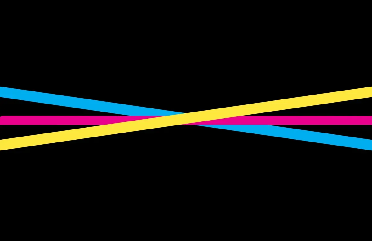 three interconnected yellow, blue, and pink lines on a black background