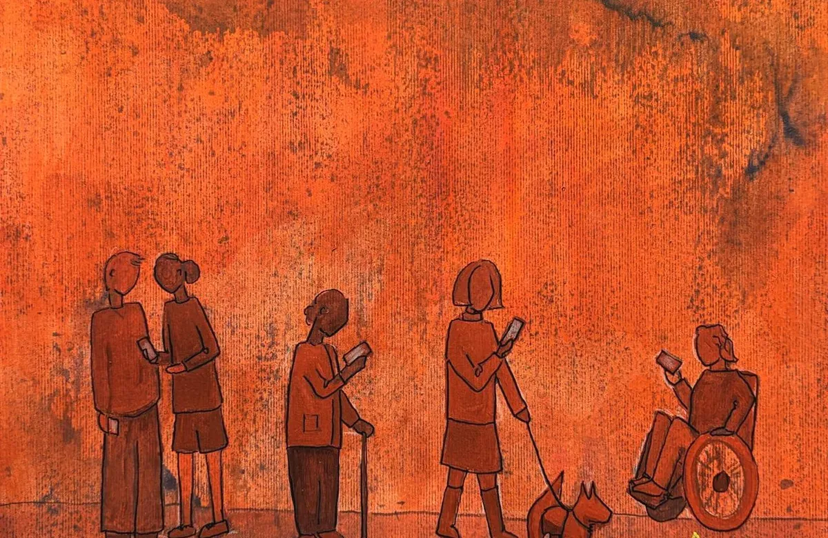 The illustration shows people from all walks of life looking at their phones, being in a world of false information highlighted by the ominous flame-like colour of the picture. The people cast shadows of data and algorithms which represent the way in which they recieved the information, and are passing it on.