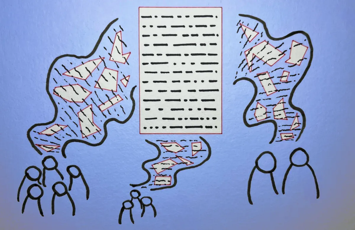 Three groups of icons representing people have shapes travelling between them and a page in the middle of the image. The page is a simple rectangle with straight lines representing data. The shapes traveling towards the page are irregular and in squiggly bands.