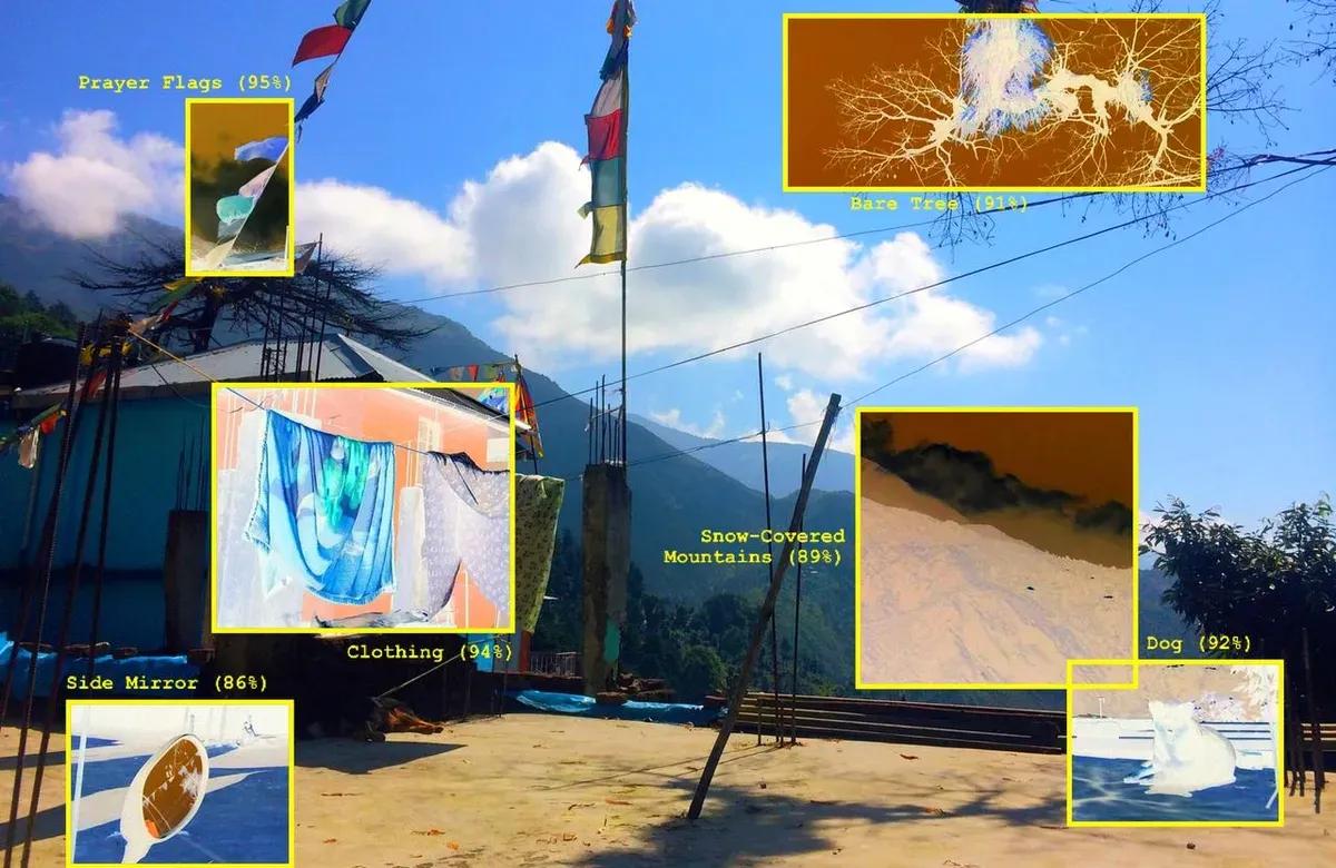 The image shows a road side scene from Dharamsala with image squares surrounding certain parts of the image with recognition percentages including: prayer flags (95%), bare tree (91%), clothing (94%), snow-covered mountains (89%), dog (92%), side mirror (86%). The squares and text are yellow. 