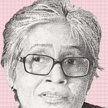 Black and white sketched rendering of Maya Sharma, wearing glasses and short hair