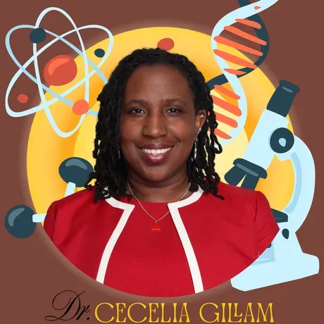 Cecelia Gillam is a Black woman with locs in her hair smiling for a professional headshot. She has decorative images of science tools in the background