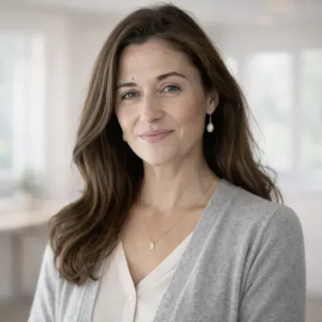 Rachel is a white woman with long brown hair smiling into the camera