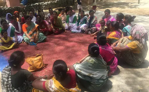Women gather for saas bahu pati sammelan (meeting of the mother in law, daughter in law and husband) in the village of Khunti, Jharkhand, India. Image by Hannah Harris Green. India, 2018.